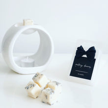 Load image into Gallery viewer, Luxury botanical lavender wax melts with a black label and white wax burner. 
