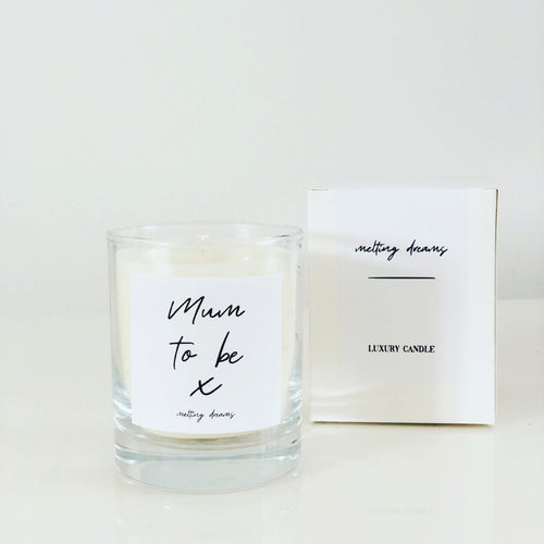 Luxury mum to be candle with black text. 