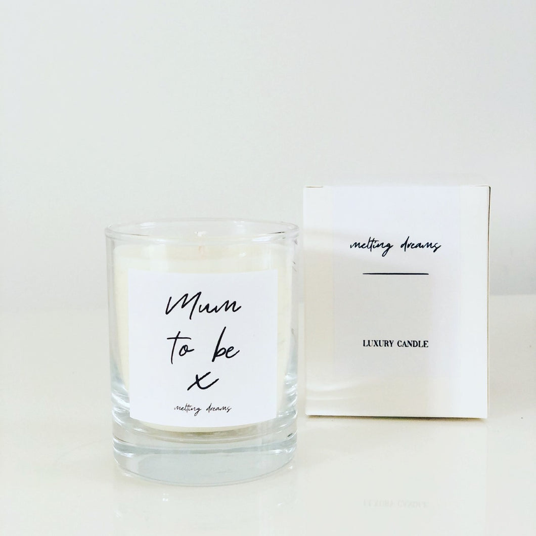 Luxury mum to be candle with black text. 